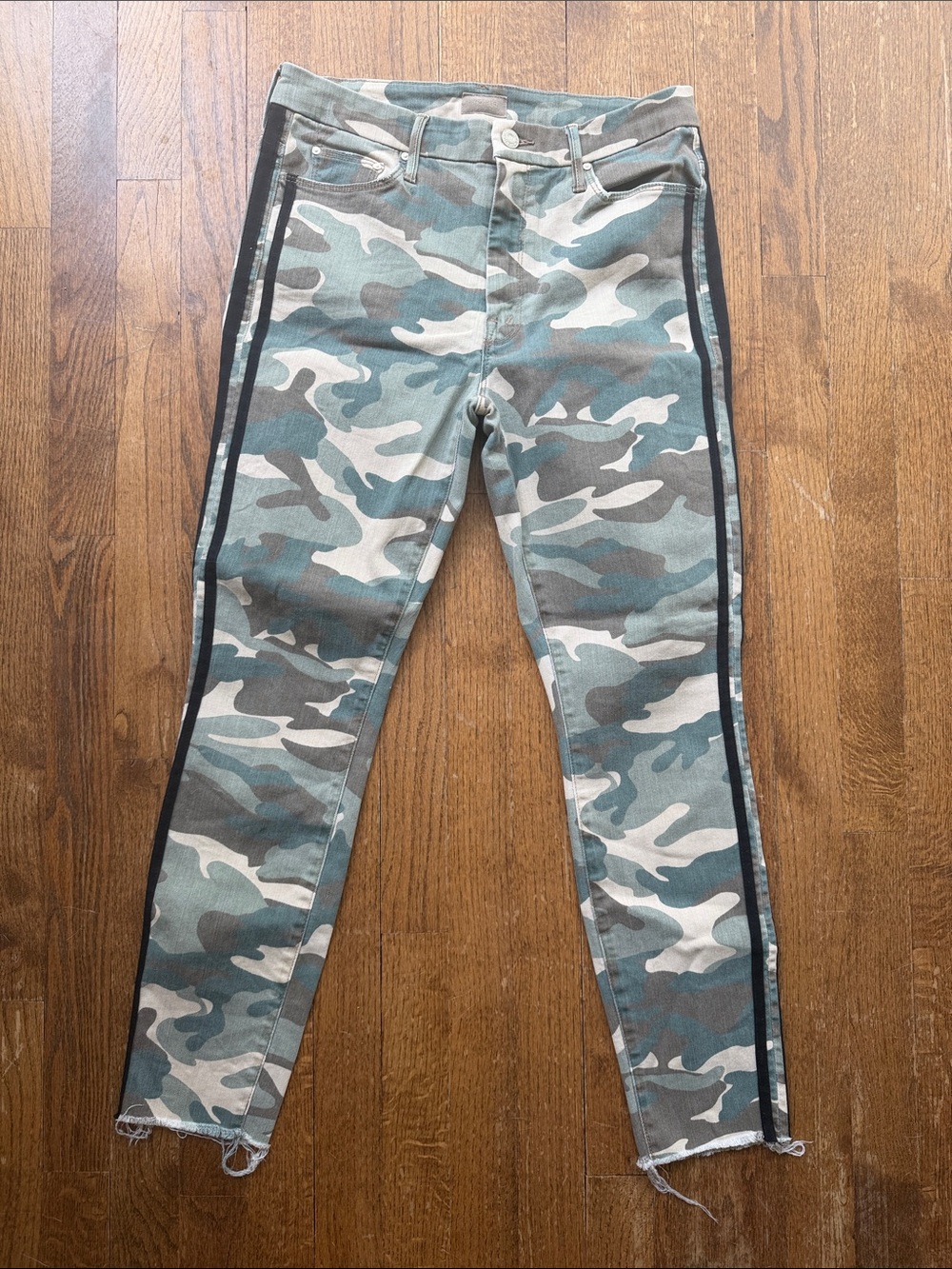 MOTHER Camo Print Skinny Pants with Black Side Stripe
